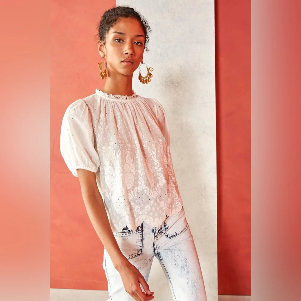 ✨RARE✨ ULLA JOHNSON Emmie Embroidered Lace Puff Sleeve Top in Blanc White
